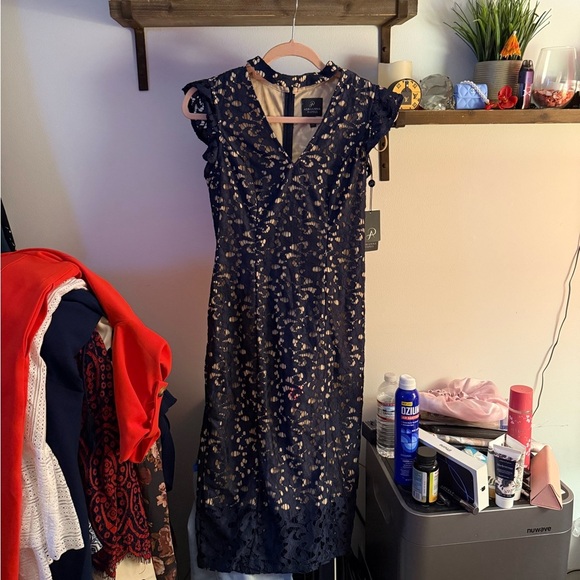 Adrianna Papell Navy and cream Lace Midi Dress - Picture 3 of 9